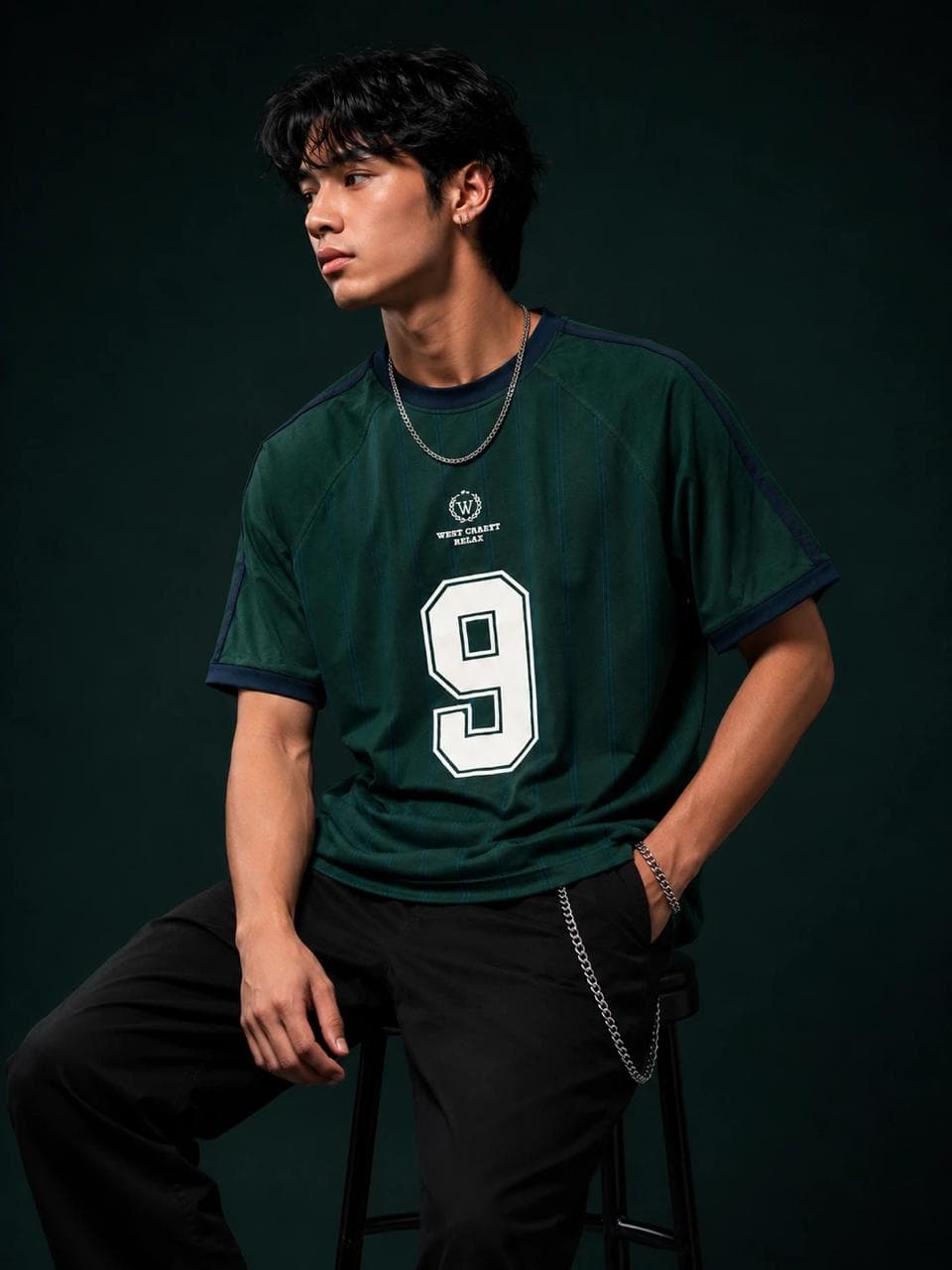 Model wearing a dark green number 9 varsity graphic tee